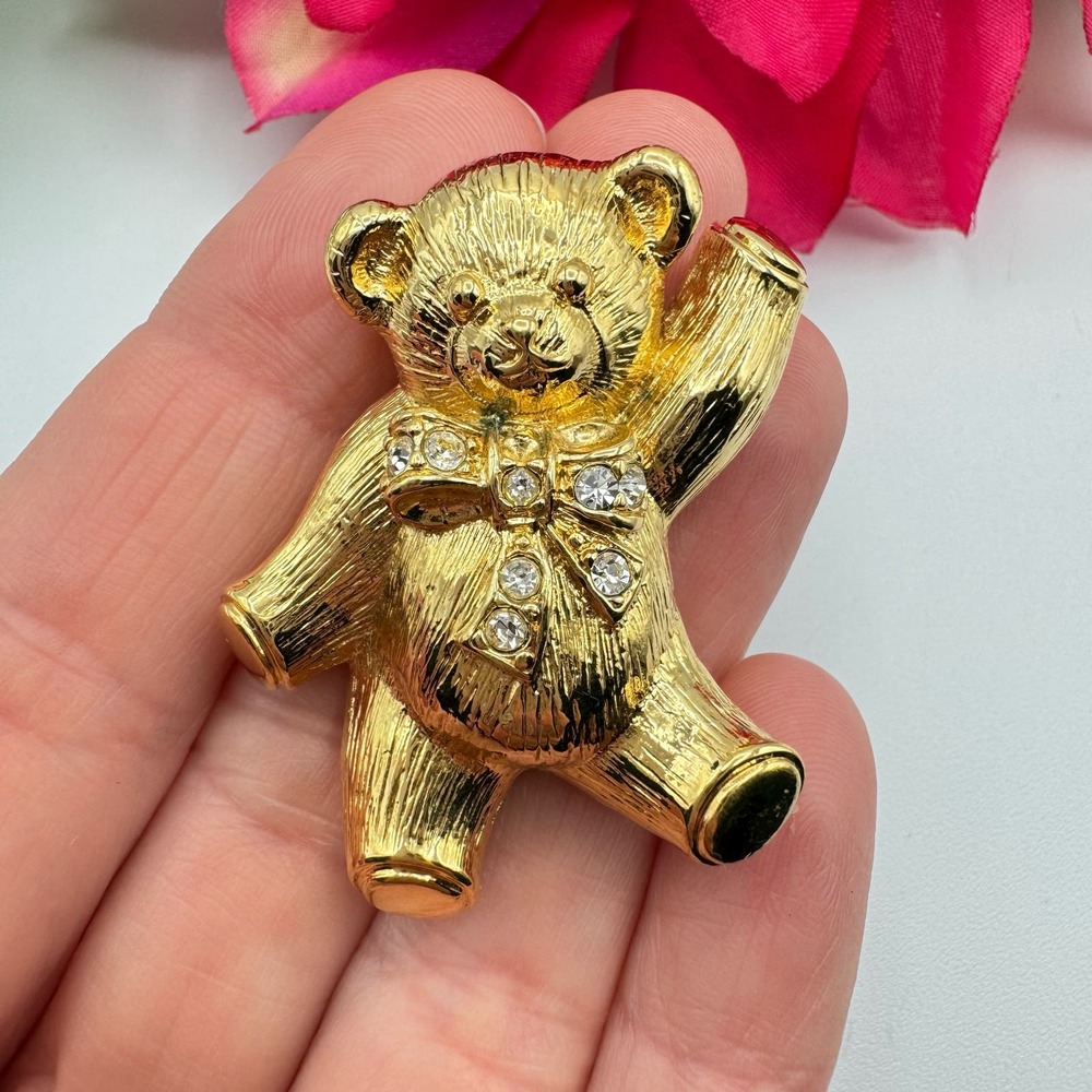 Vintage Avon Waving Teddy Bear Rhinestone Bow Gold Tone - Picture 3 of 8